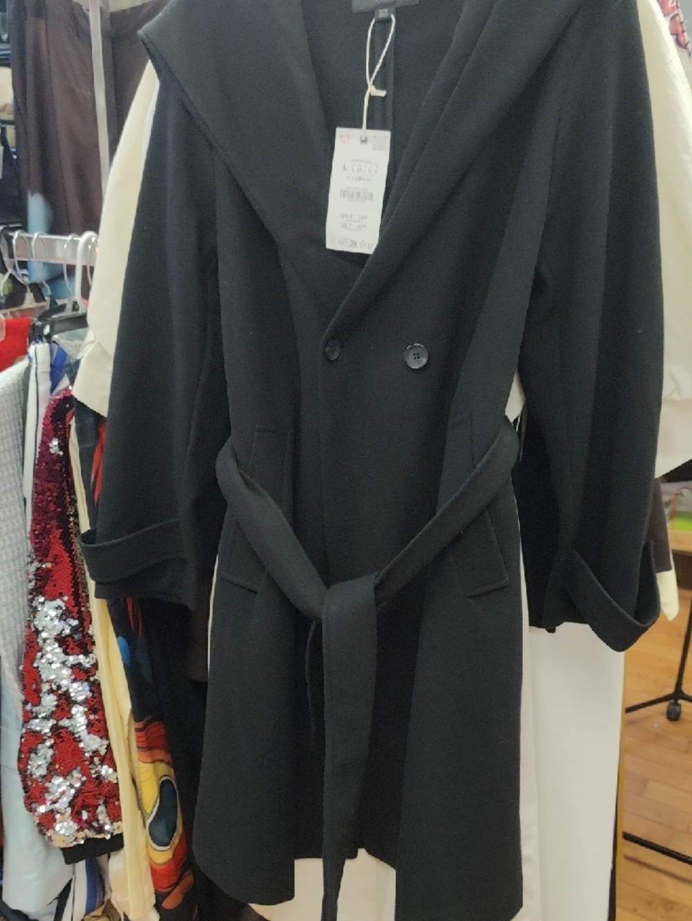 Zara Black Hooded Double-Breasted Belted Coat - Picture 8 of 8